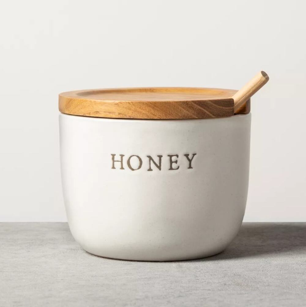 Hearth & Hand Magnolia White Stoneware Honey Pot Acacia Wood Lid & Dipper Tea